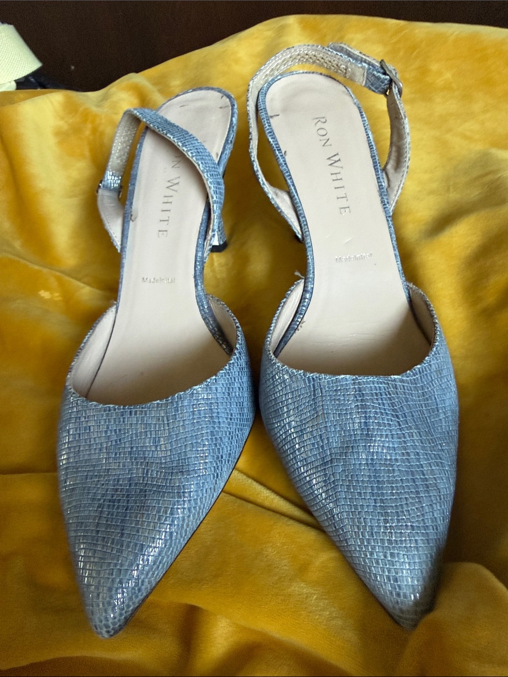 Ron White Light Blue Textured Pointed-Toe Slingback Heels